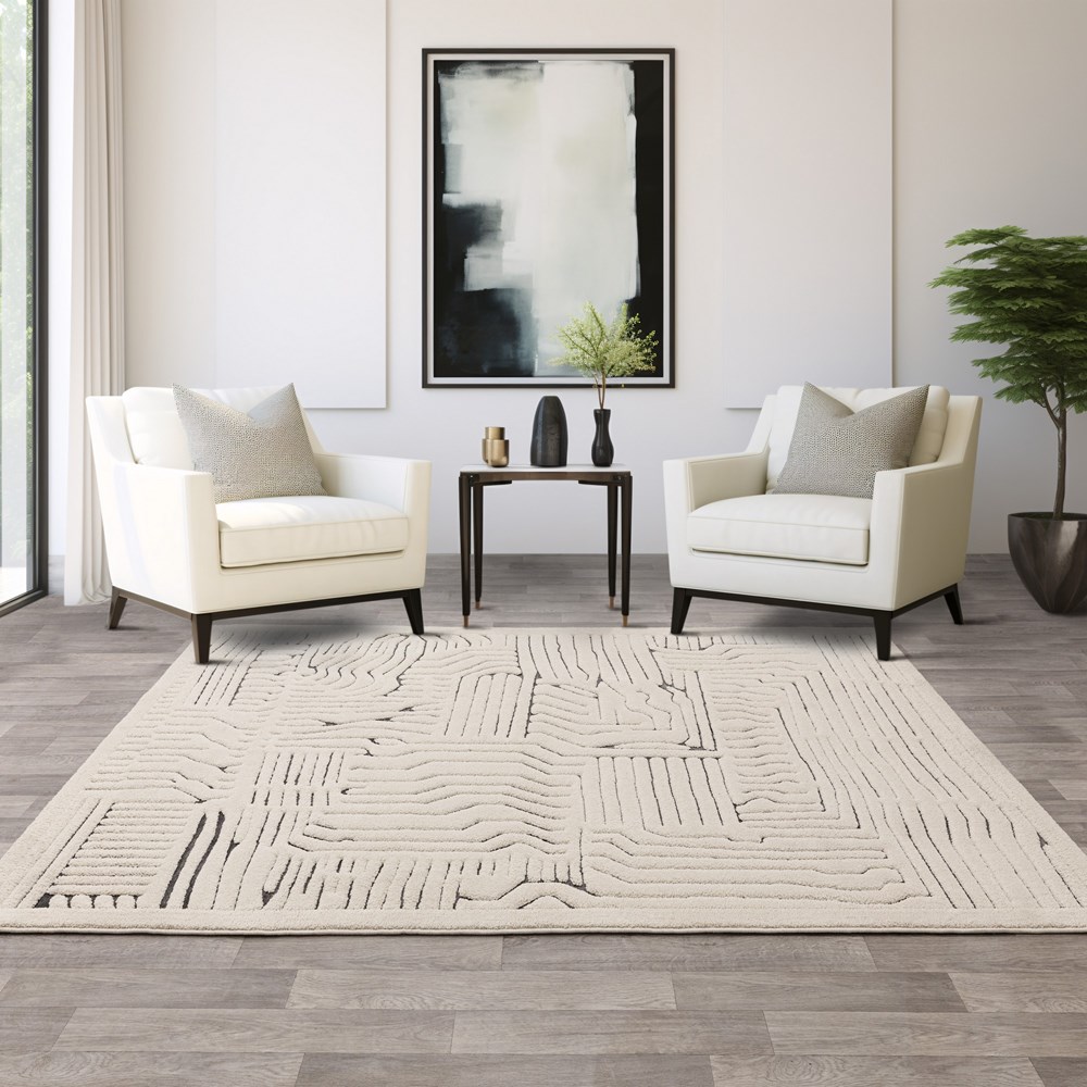 Valley Route Geometric 3D Rug in Ivory cream Charcoal Grey